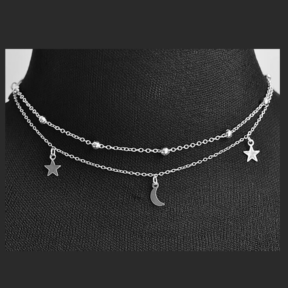 2-Layer Mystical Silver Moon & Stars Choker